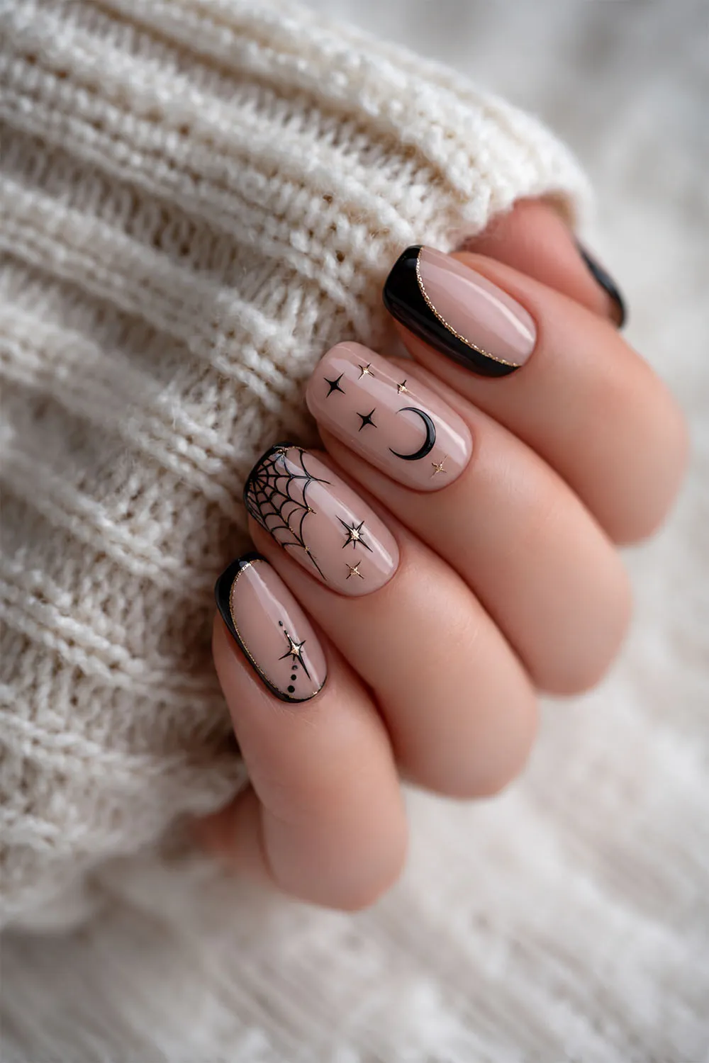 Short halloween nails with celestial moon, star and web line art on nude