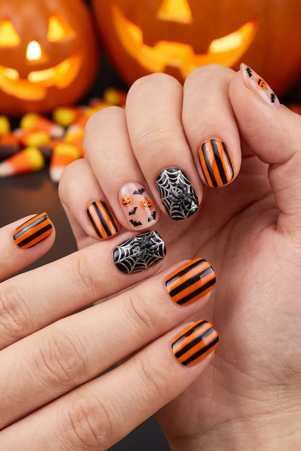 Short halloween nails with orange and black stripes and spiderweb accents