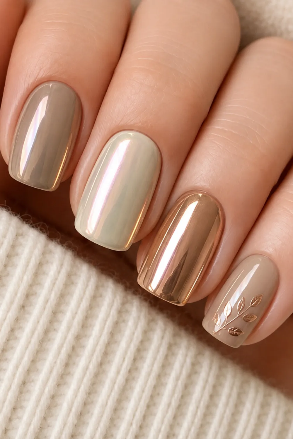 Short square nails in champagne chrome and pearl with a gold leaf accent Short square nails in champagne chrome and pearl with a gold leaf accent