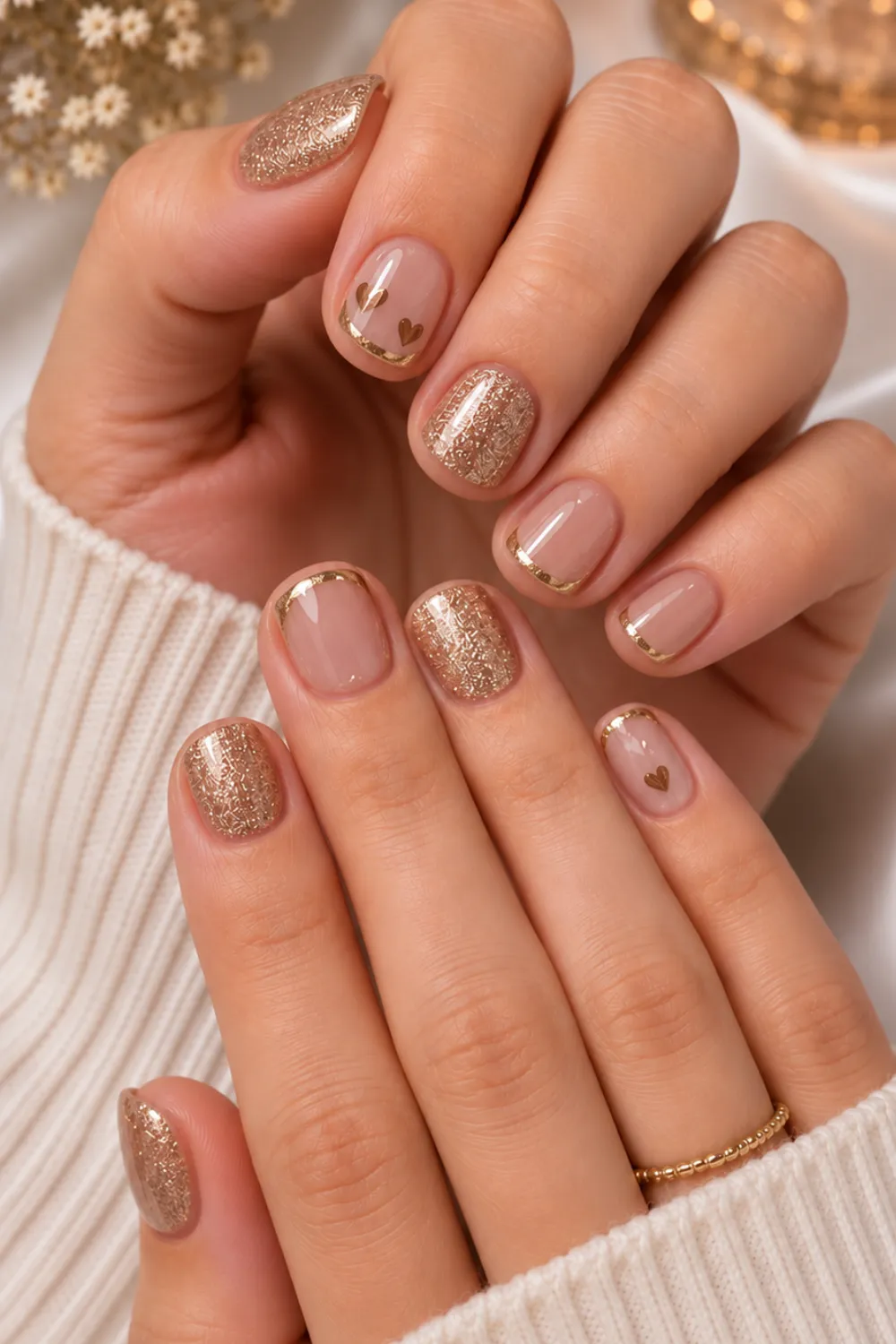 Short nude and gold glitter nails with tiny gold hearts Short nude and gold glitter nails with tiny gold hearts