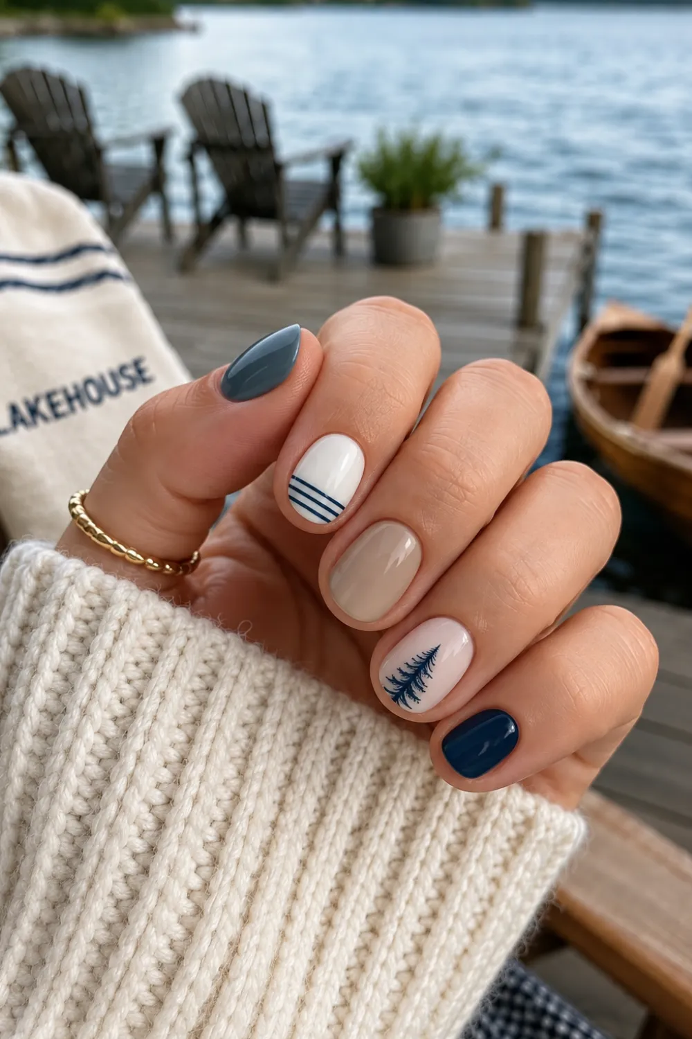 Short blue and white nails with stripes and a tiny pine tree Short blue and white nails with stripes and a tiny pine tree