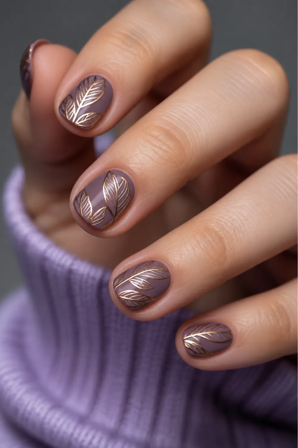 Short mauve nails with gold line art leaves Short mauve nails with gold line art leaves