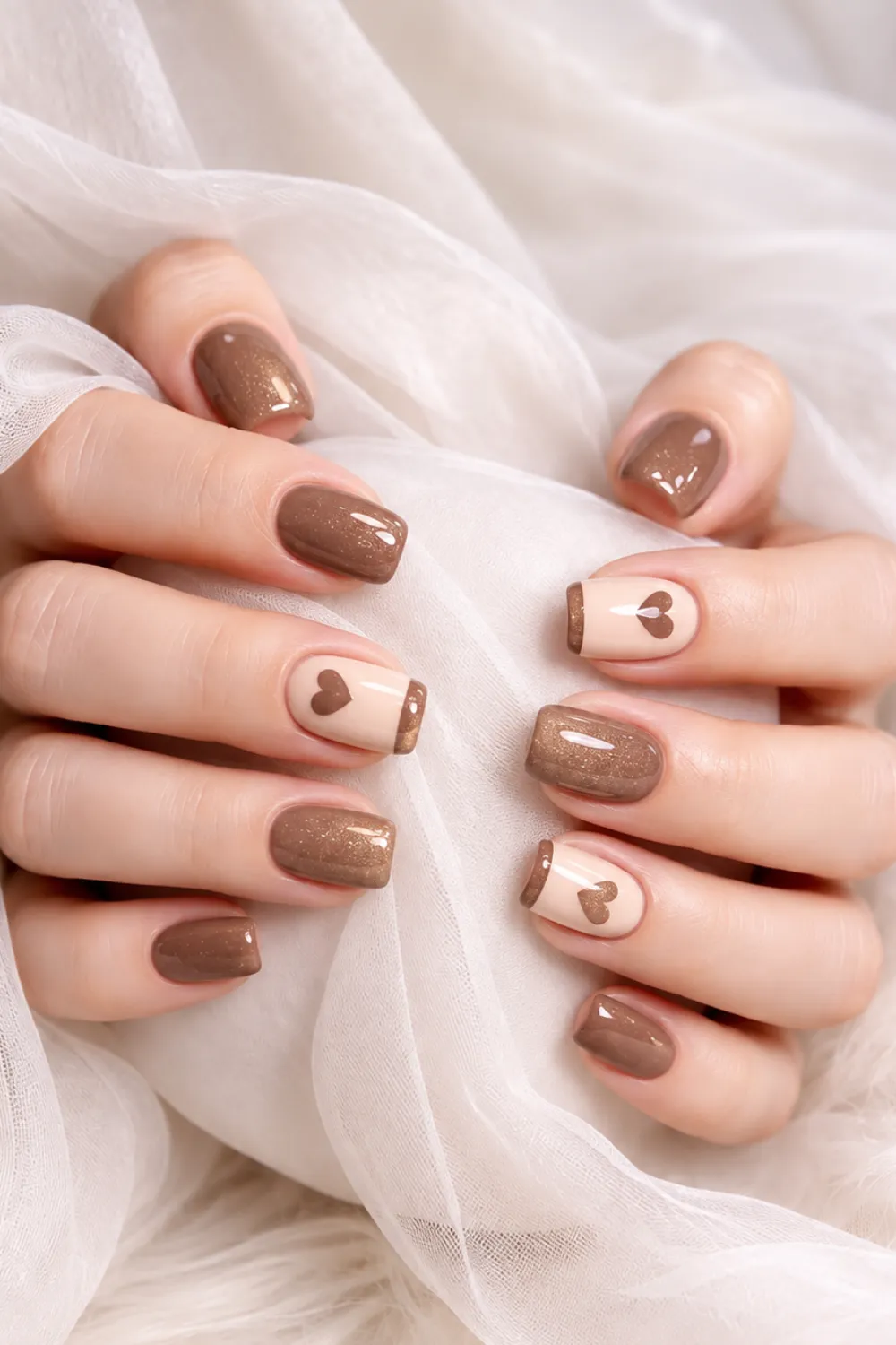 Short mocha brown nails with a nude heart accent Short mocha brown nails with a nude heart accent