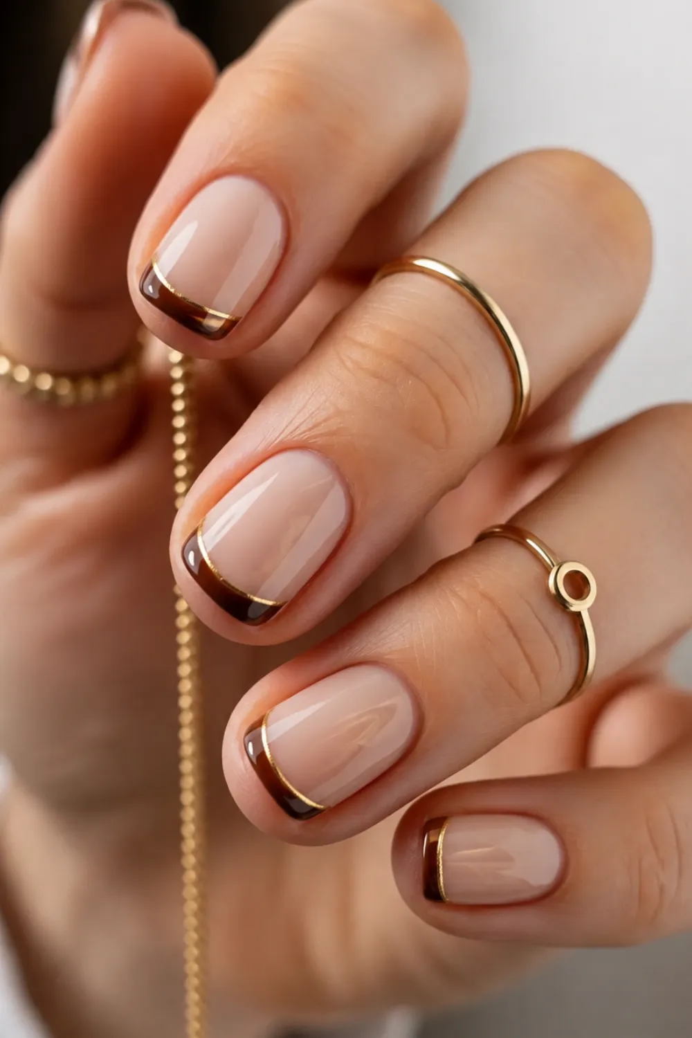 Short nude nails with a brown and gold micro french tip Short nude nails with a brown and gold micro french tip