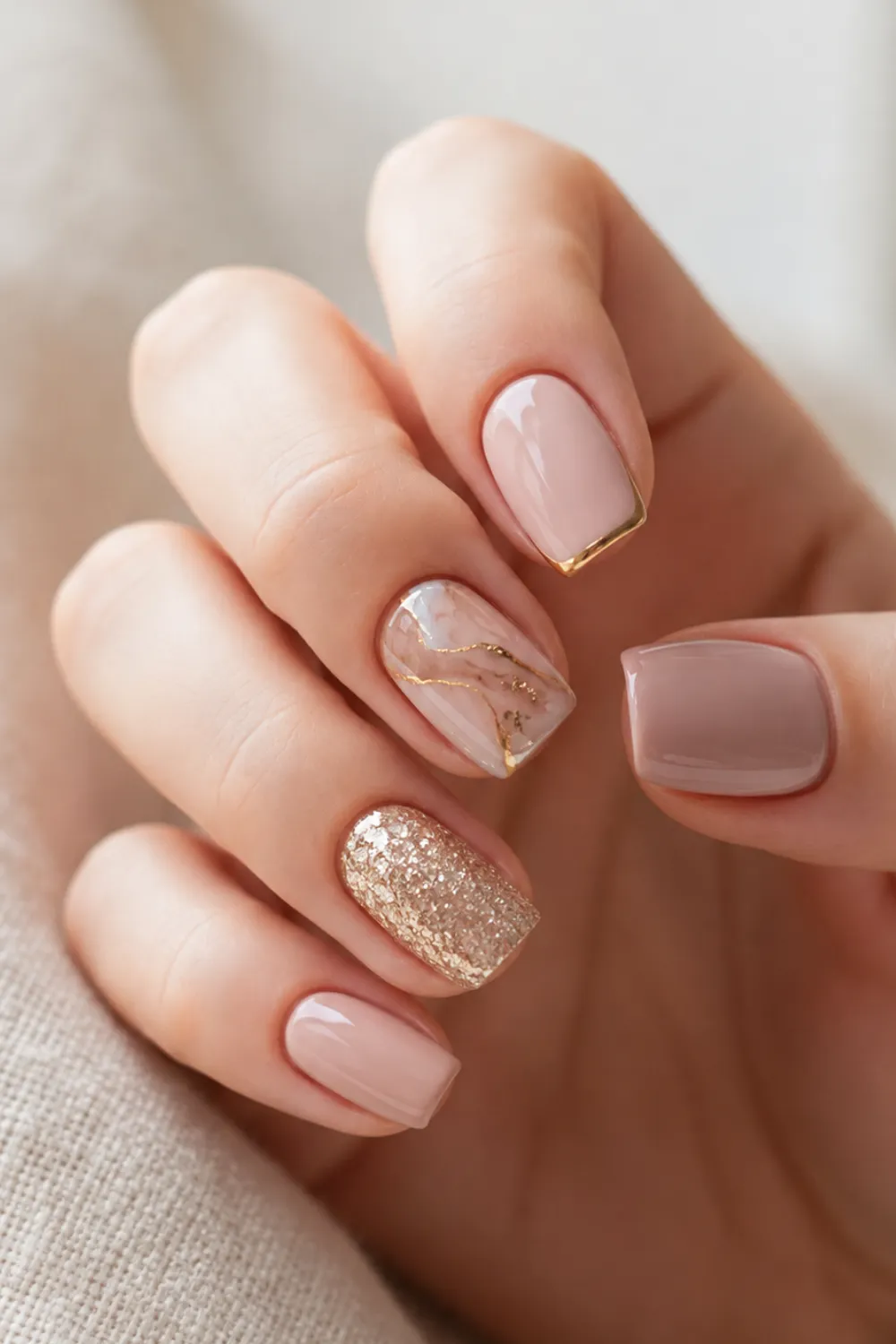 Short nude nails with gold glitter and marble accent nails Short nude nails with gold glitter and marble accent nails