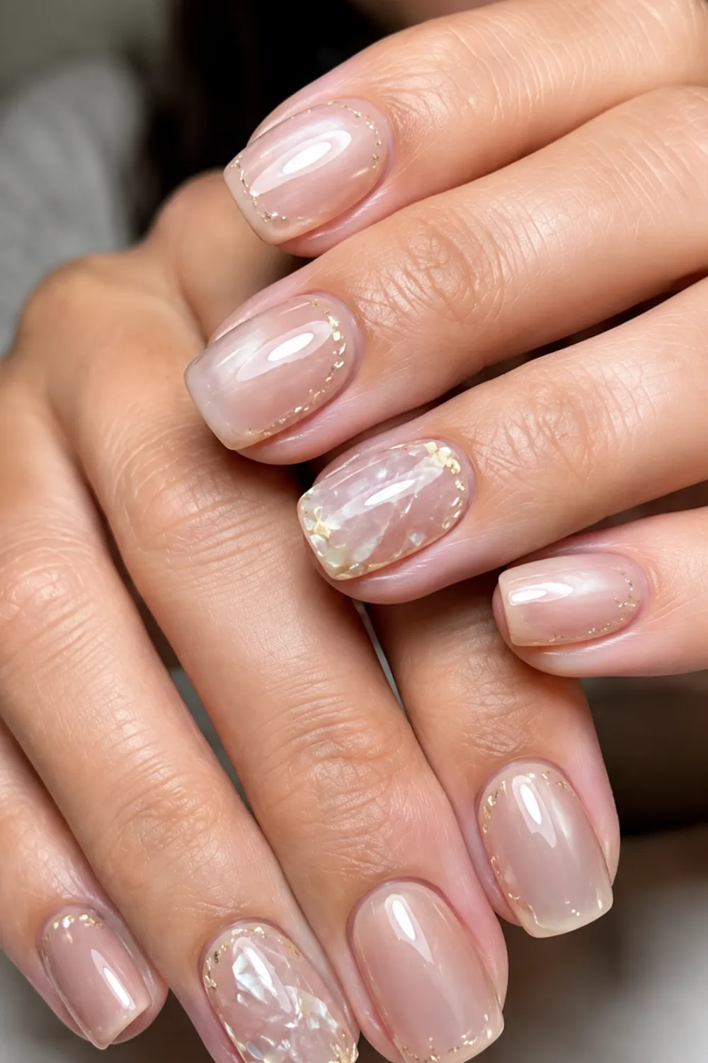 Short opal nude nails with scattered gold flecks Short opal nude nails with scattered gold flecks