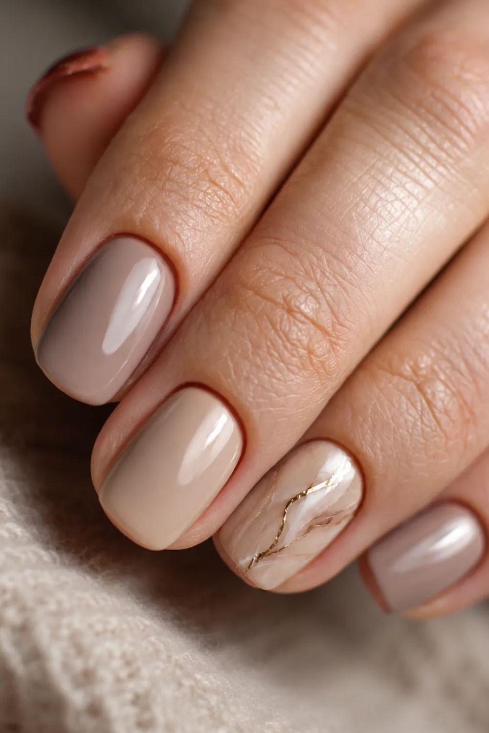 Short taupe nails with a gold marble line accent Short taupe nails with a gold marble line accent