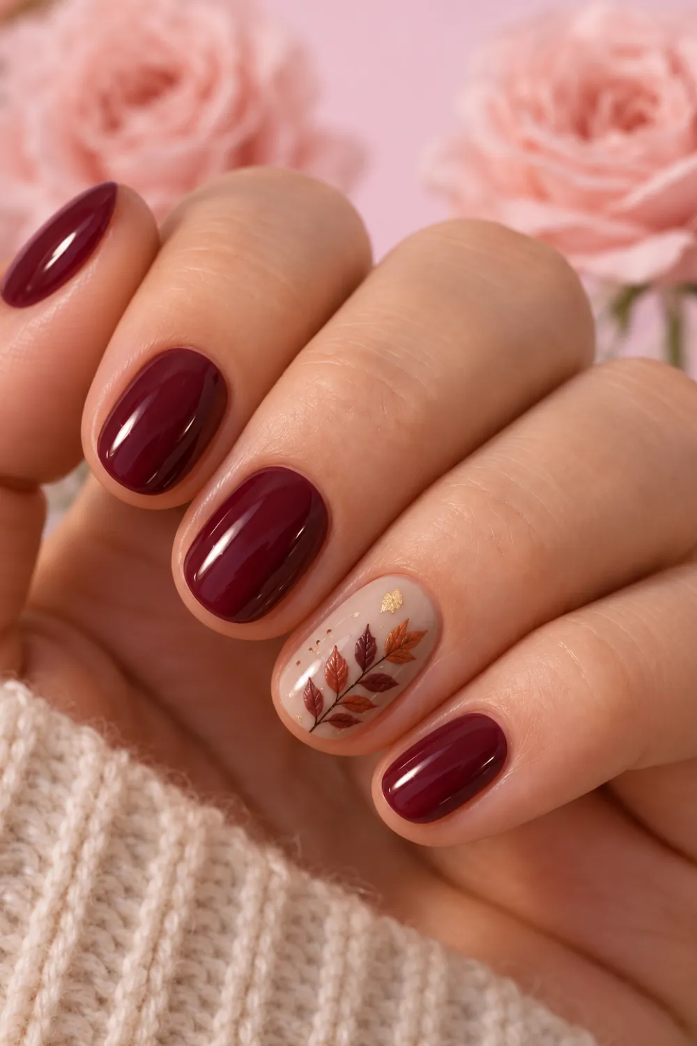 Short wine red nails with an autumn leaf accent nail Short wine red nails with an autumn leaf accent nail
