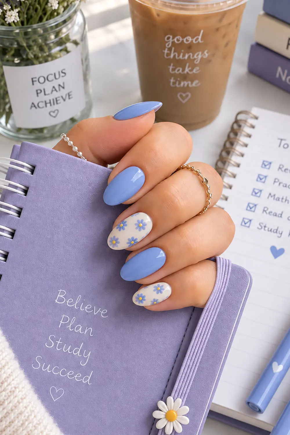 Blue summer nails with white daisy florals on a soft blue base Blue summer nails with white daisy florals on a soft blue base