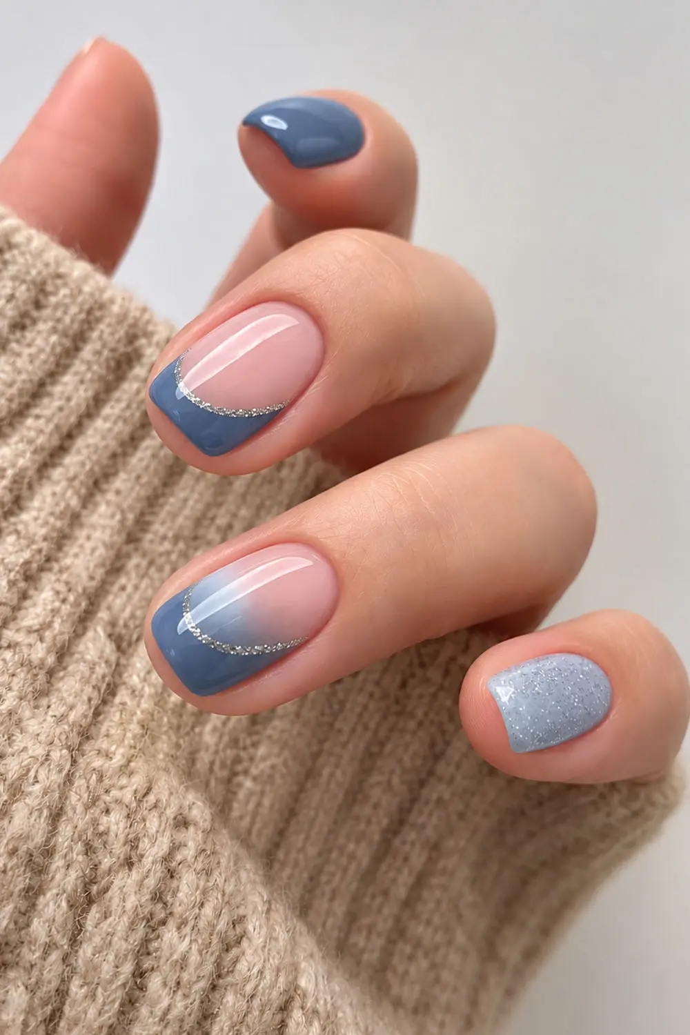Denim blue and nude french tip summer nails with a gold line Denim blue and nude french tip summer nails with a gold line