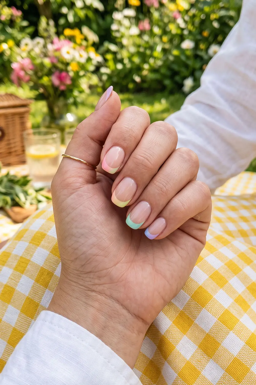 Nude summer nails with multicoloured pastel french tips Nude summer nails with multicoloured pastel french tips