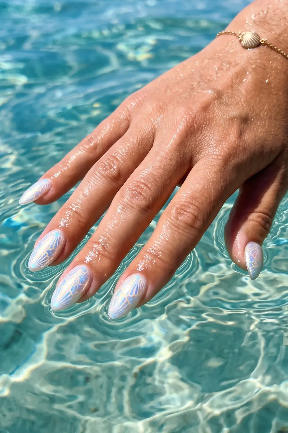 Pearly white and pale blue chrome summer nails Pearly white and pale blue chrome summer nails