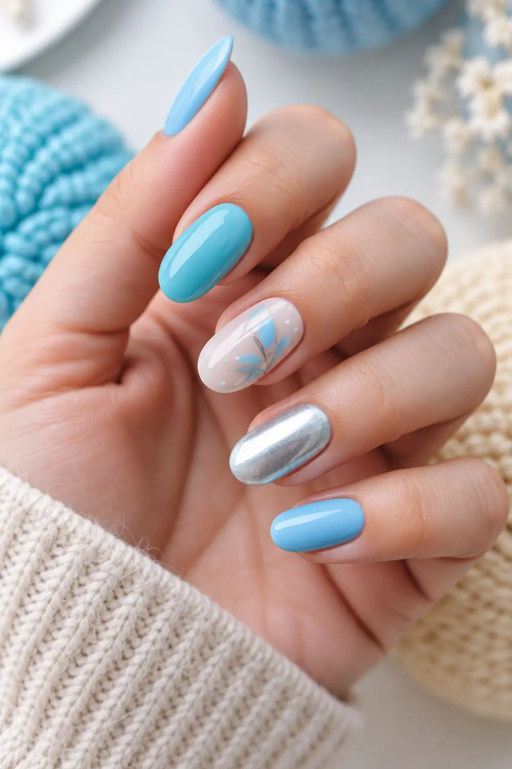 Sky blue summer nails with chrome and marble accent nails Sky blue summer nails with chrome and marble accent nails
